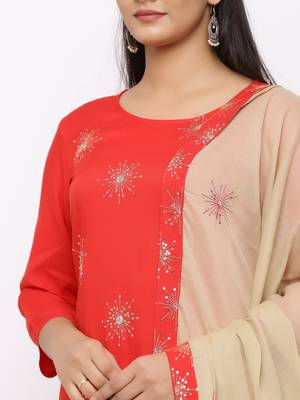 Women's  Red Rayon Slub, Cotton Embroidered Straight Kurta, Palazzo & Dupatta Set 2