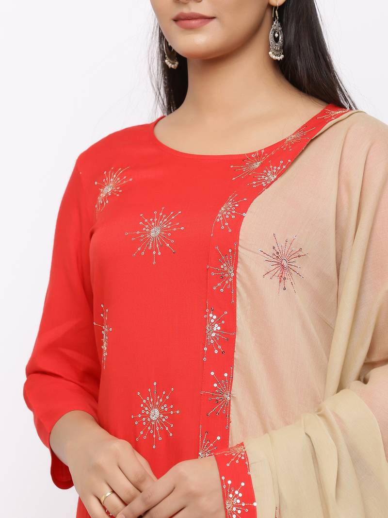 Women's  Red Rayon Slub, Cotton Embroidered Straight Kurta, Palazzo & Dupatta Set