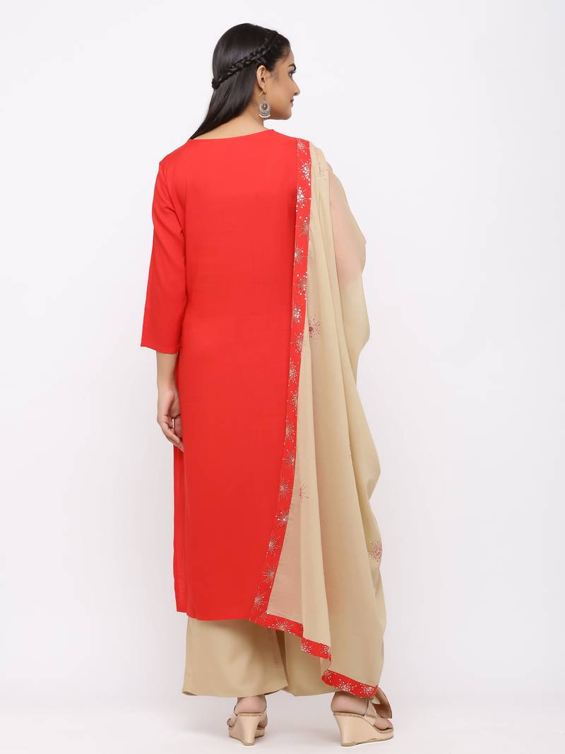 Women's  Red Rayon Slub, Cotton Embroidered Straight Kurta, Palazzo & Dupatta Set