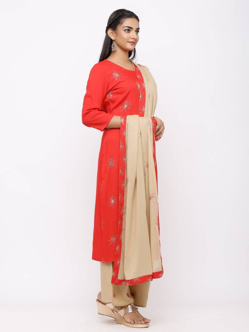 Women's  Red Rayon Slub, Cotton Embroidered Straight Kurta, Palazzo & Dupatta Set
