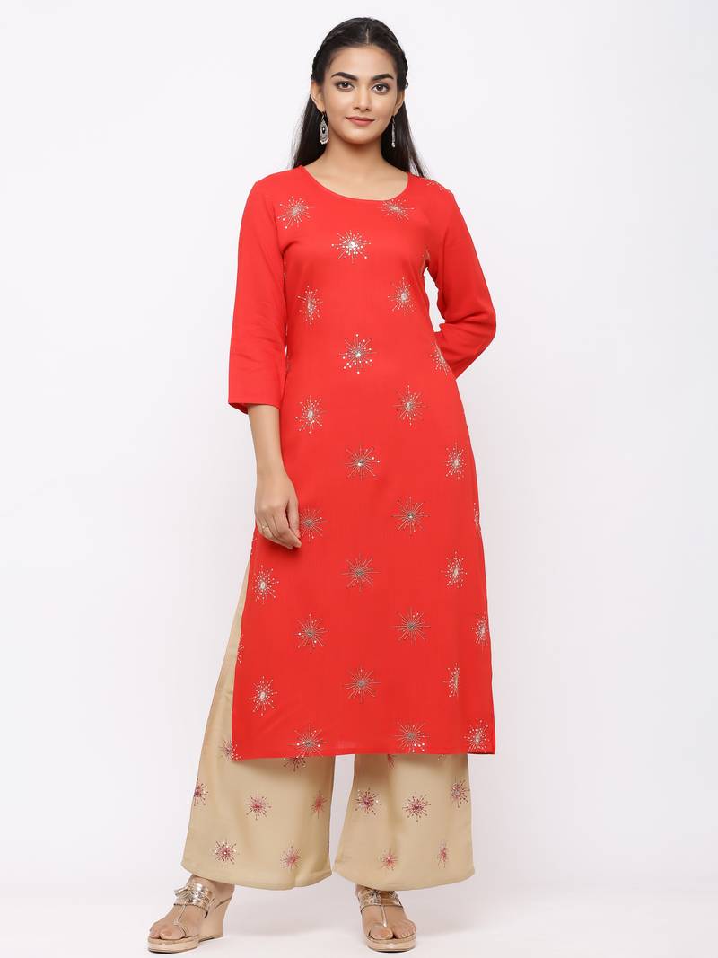Women's  Red Rayon Slub, Cotton Embroidered Straight Kurta, Palazzo & Dupatta Set