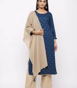 Women's  Teal Blue Rayon Slub, Cotton Embroidered Straight Kurta, Palazzo & Dupatta Set