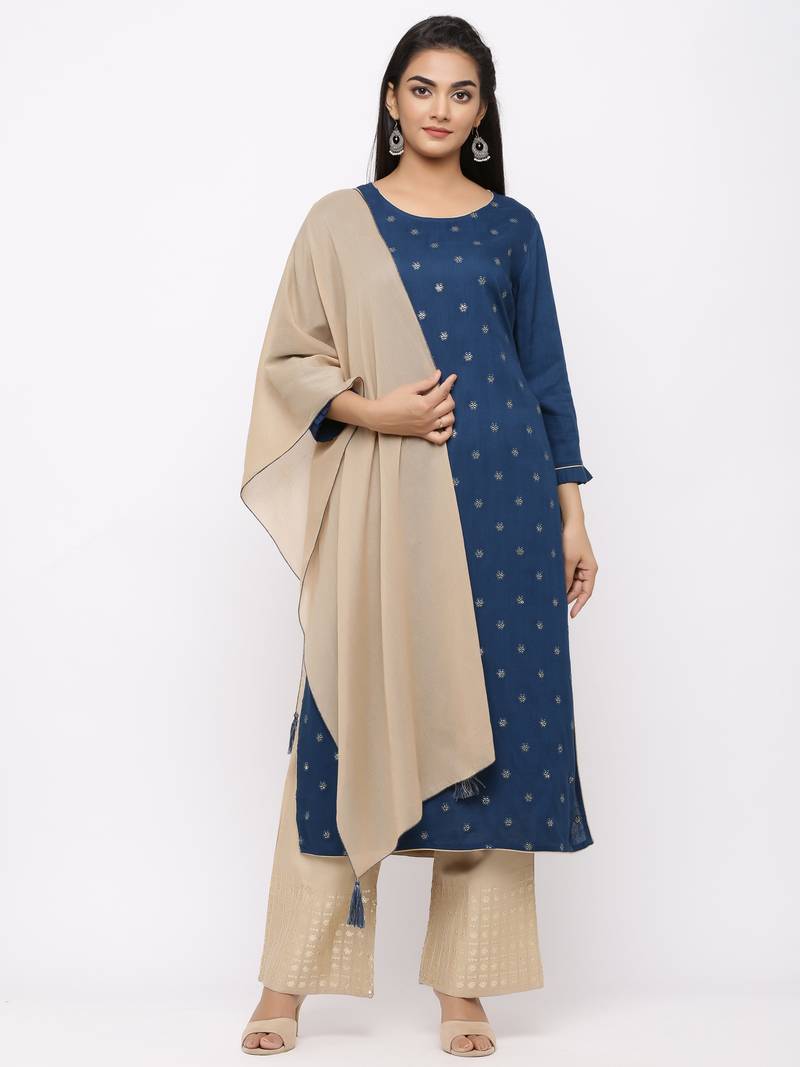 Women's  Teal Blue Rayon Slub, Cotton Embroidered Straight Kurta, Palazzo & Dupatta Set