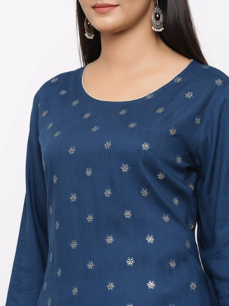 Women's  Teal Blue Rayon Slub, Cotton Embroidered Straight Kurta, Palazzo & Dupatta Set