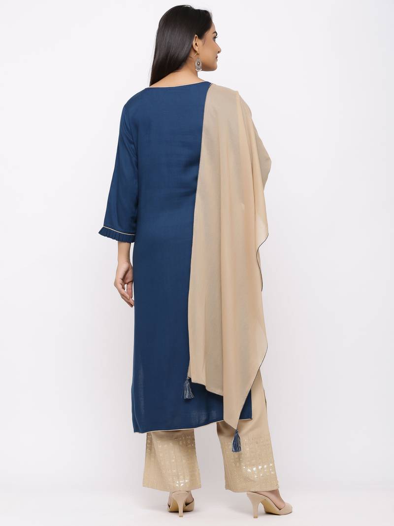 Women's  Teal Blue Rayon Slub, Cotton Embroidered Straight Kurta, Palazzo & Dupatta Set