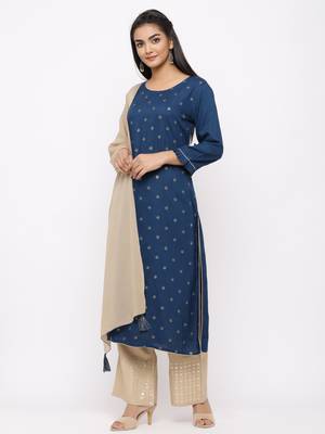 Women's  Teal Blue Rayon Slub, Cotton Embroidered Straight Kurta, Palazzo & Dupatta Set 4