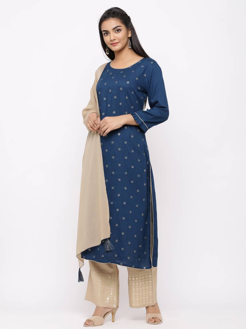 Women's  Teal Blue Rayon Slub, Cotton Embroidered Straight Kurta, Palazzo & Dupatta Set