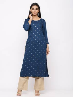 Women's  Teal Blue Rayon Slub, Cotton Embroidered Straight Kurta, Palazzo & Dupatta Set 5