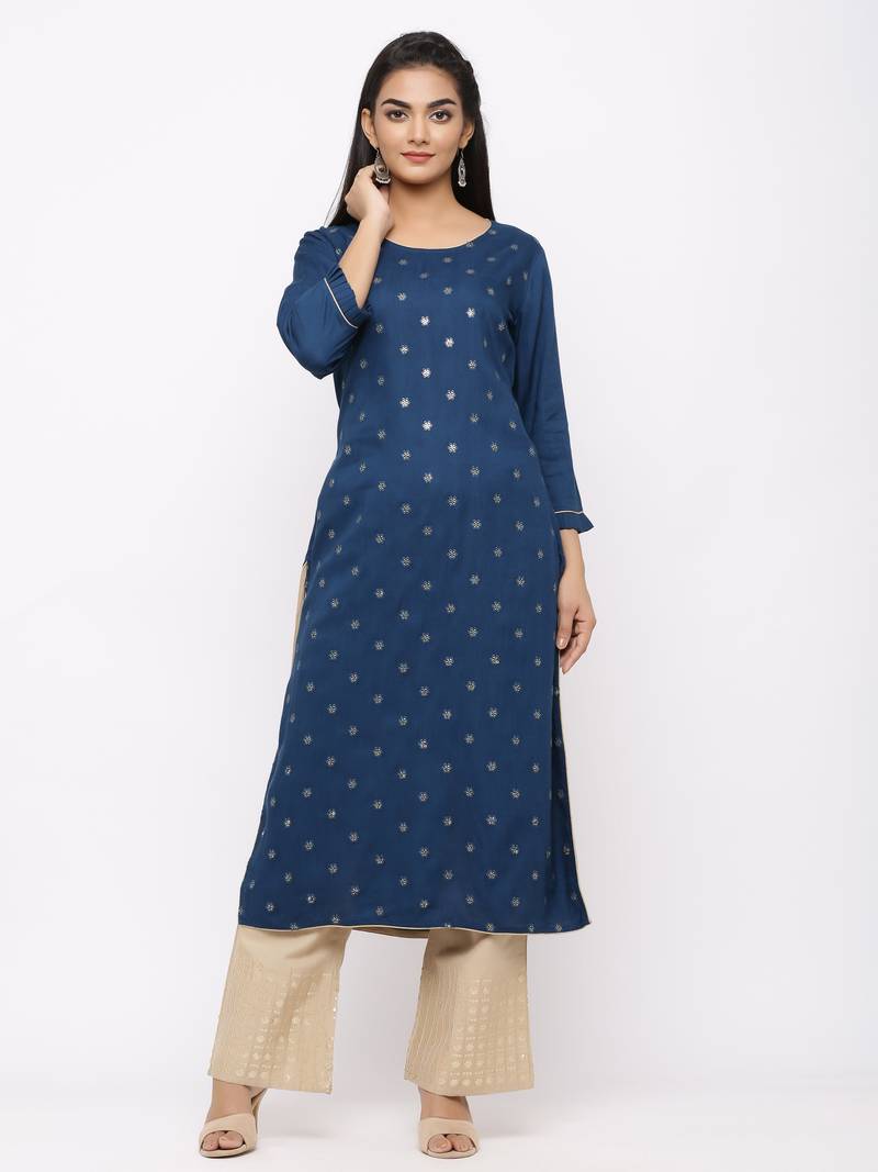 Women's  Teal Blue Rayon Slub, Cotton Embroidered Straight Kurta, Palazzo & Dupatta Set