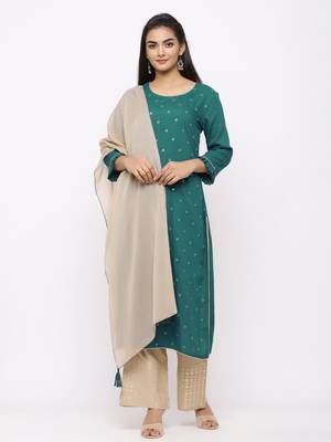 Women's  Teal Green Rayon Slub, Cotton Embroidered Straight Kurta, Palazzo & Dupatta Set 1