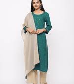Women's  Teal Green Rayon Slub, Cotton Embroidered Straight Kurta, Palazzo & Dupatta Set