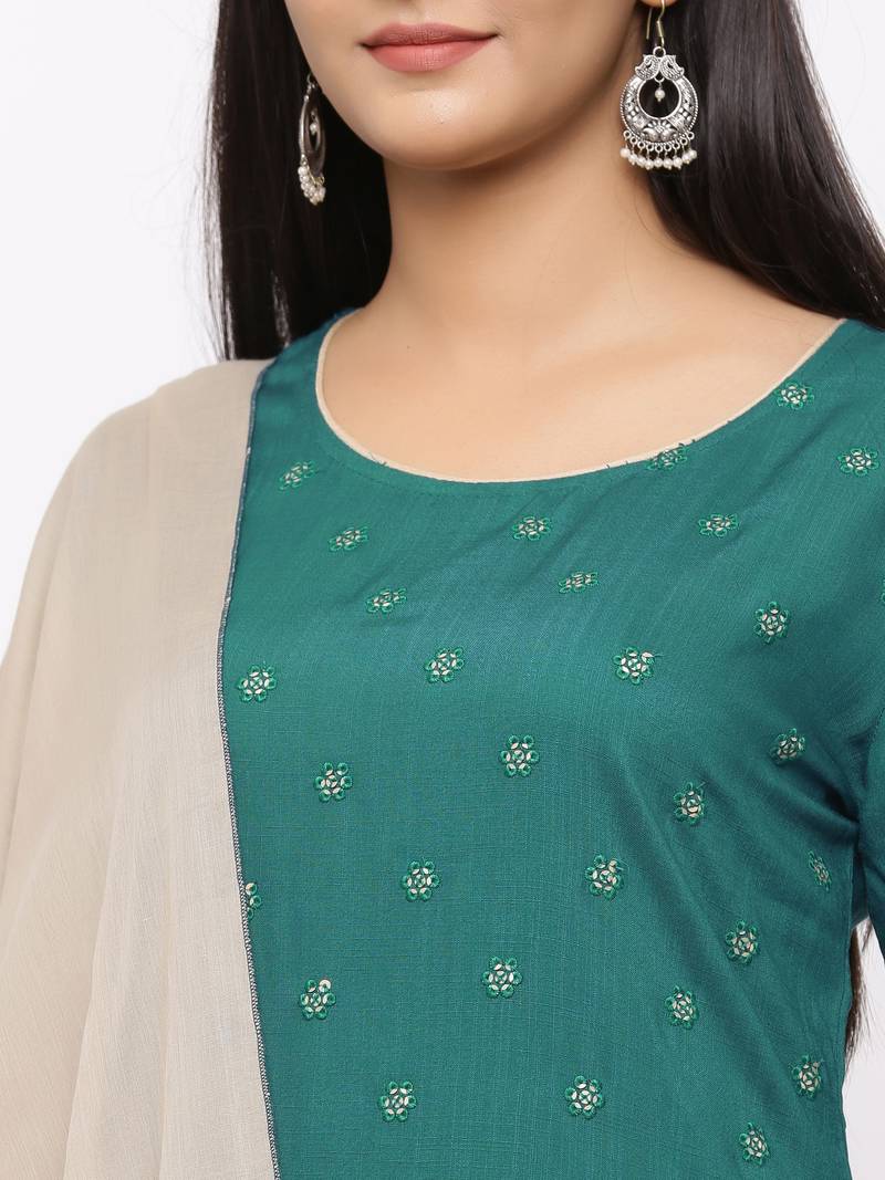 Women's  Teal Green Rayon Slub, Cotton Embroidered Straight Kurta, Palazzo & Dupatta Set