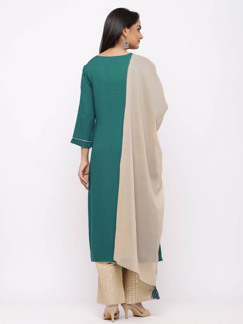 Women's  Teal Green Rayon Slub, Cotton Embroidered Straight Kurta, Palazzo & Dupatta Set