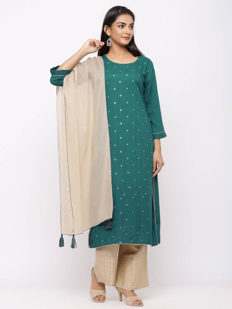Women's  Teal Green Rayon Slub, Cotton Embroidered Straight Kurta, Palazzo & Dupatta Set