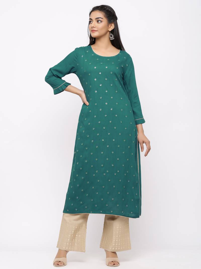 Women's  Teal Green Rayon Slub, Cotton Embroidered Straight Kurta, Palazzo & Dupatta Set