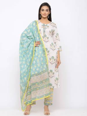 Women's  White Cotton Print Straight Kurta, Pant & Dupatta Set 1