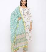 Women's  White Cotton Print Straight Kurta, Pant & Dupatta Set