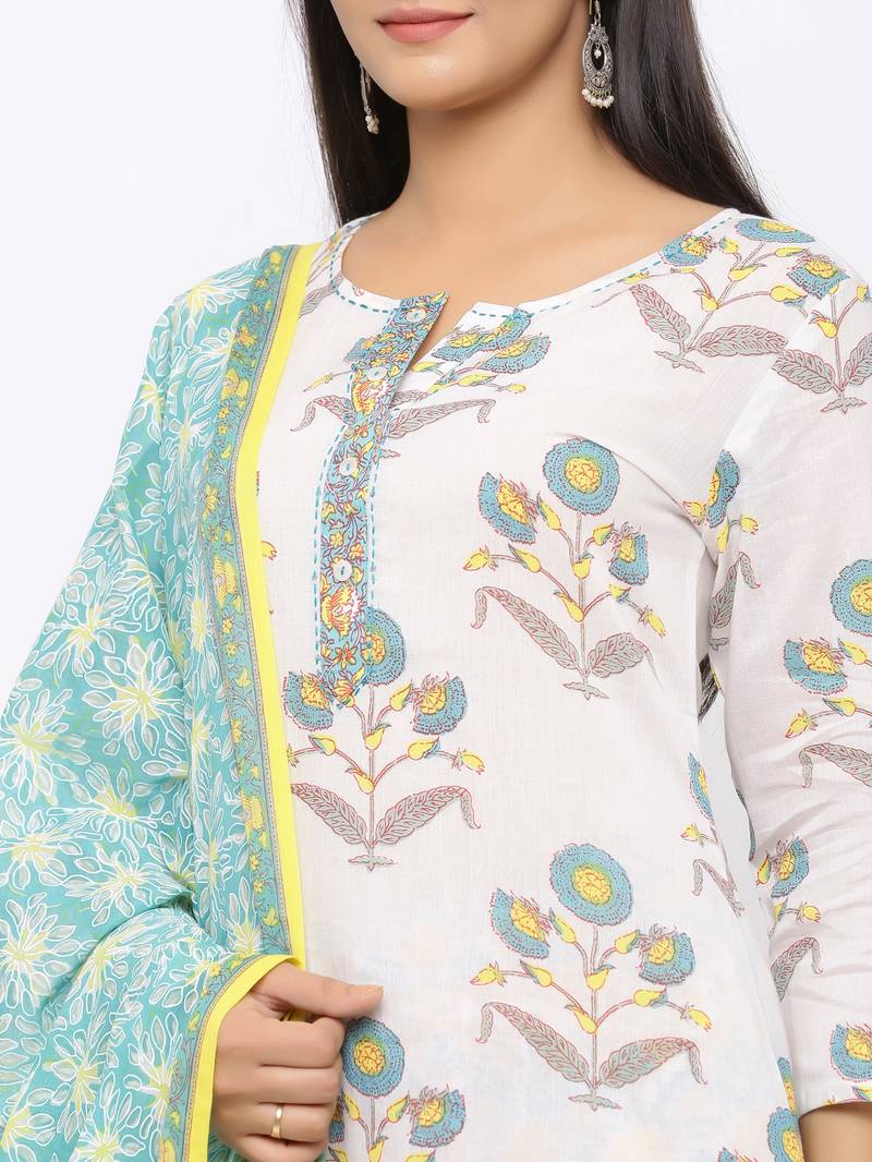 Women's  White Cotton Print Straight Kurta, Pant & Dupatta Set
