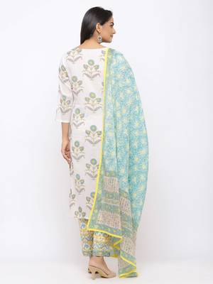 Women's  White Cotton Print Straight Kurta, Pant & Dupatta Set 3