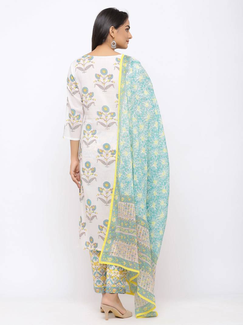 Women's  White Cotton Print Straight Kurta, Pant & Dupatta Set