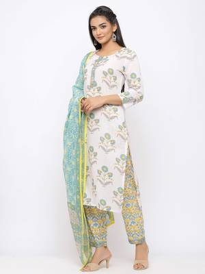Women's  White Cotton Print Straight Kurta, Pant & Dupatta Set 4