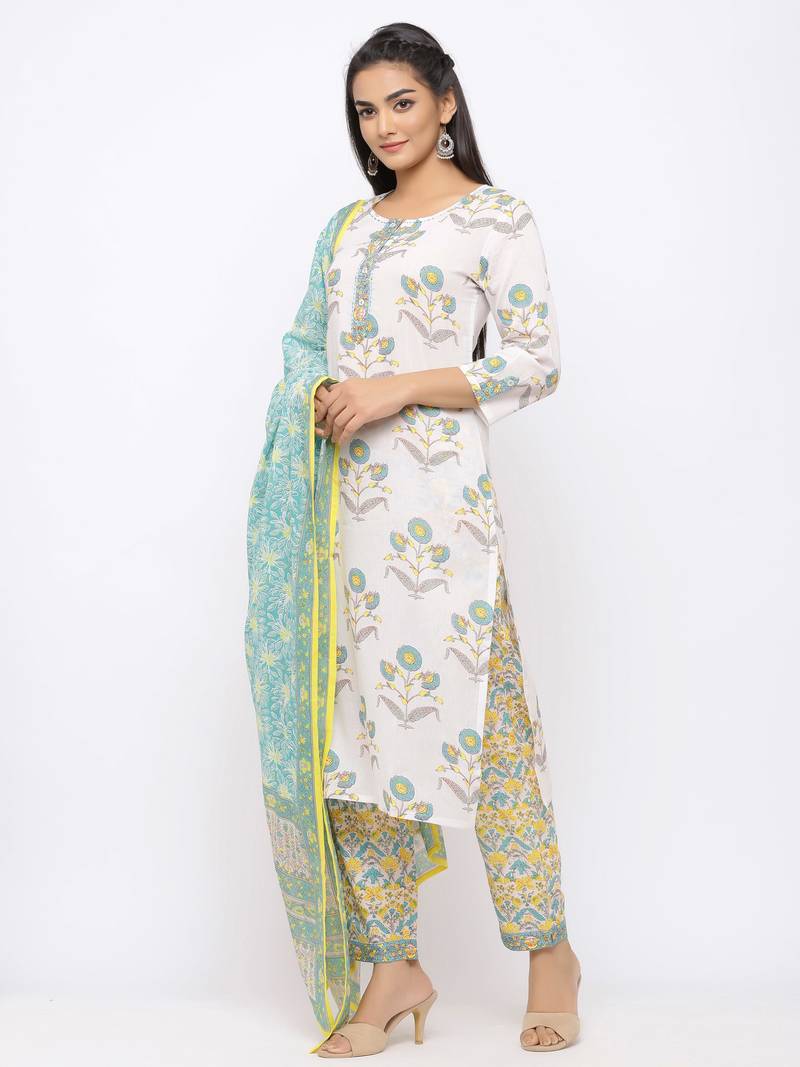 Women's  White Cotton Print Straight Kurta, Pant & Dupatta Set