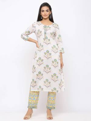 Women's  White Cotton Print Straight Kurta, Pant & Dupatta Set 5