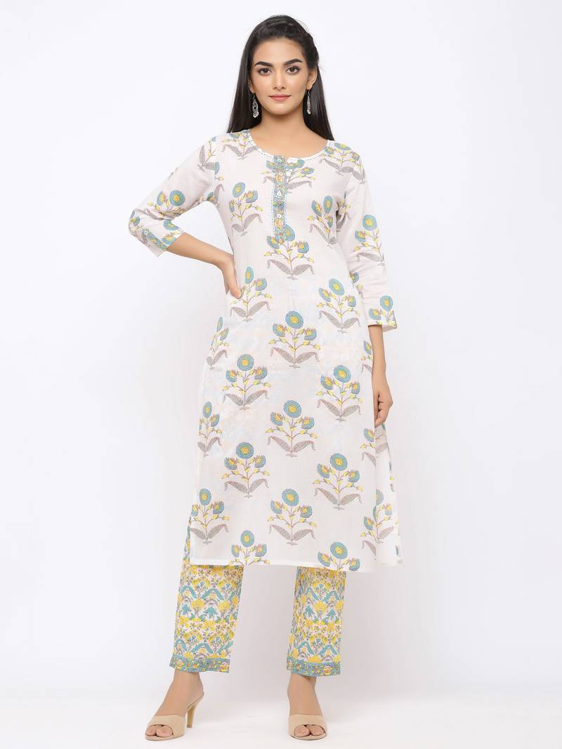 Women's  White Cotton Print Straight Kurta, Pant & Dupatta Set