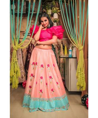 Pink Pure Raw Silk Peach Colour Lehenga Choli 1