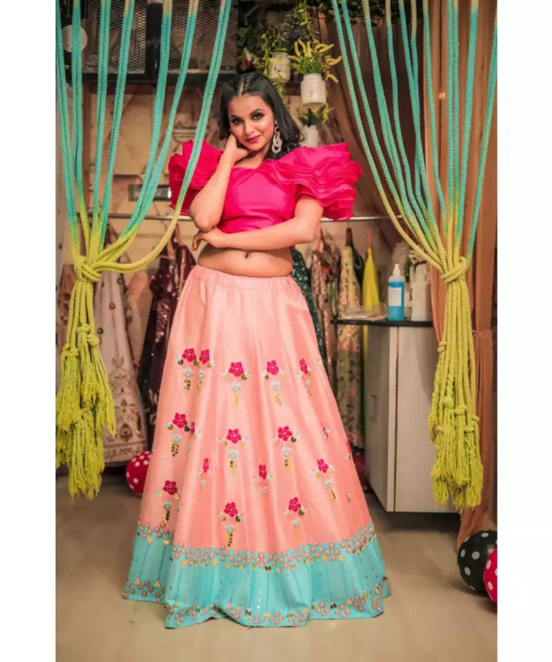 Pink Pure Raw Silk Peach Colour Lehenga Choli