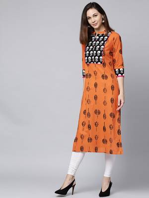 Orange printed Cotton kurti 1