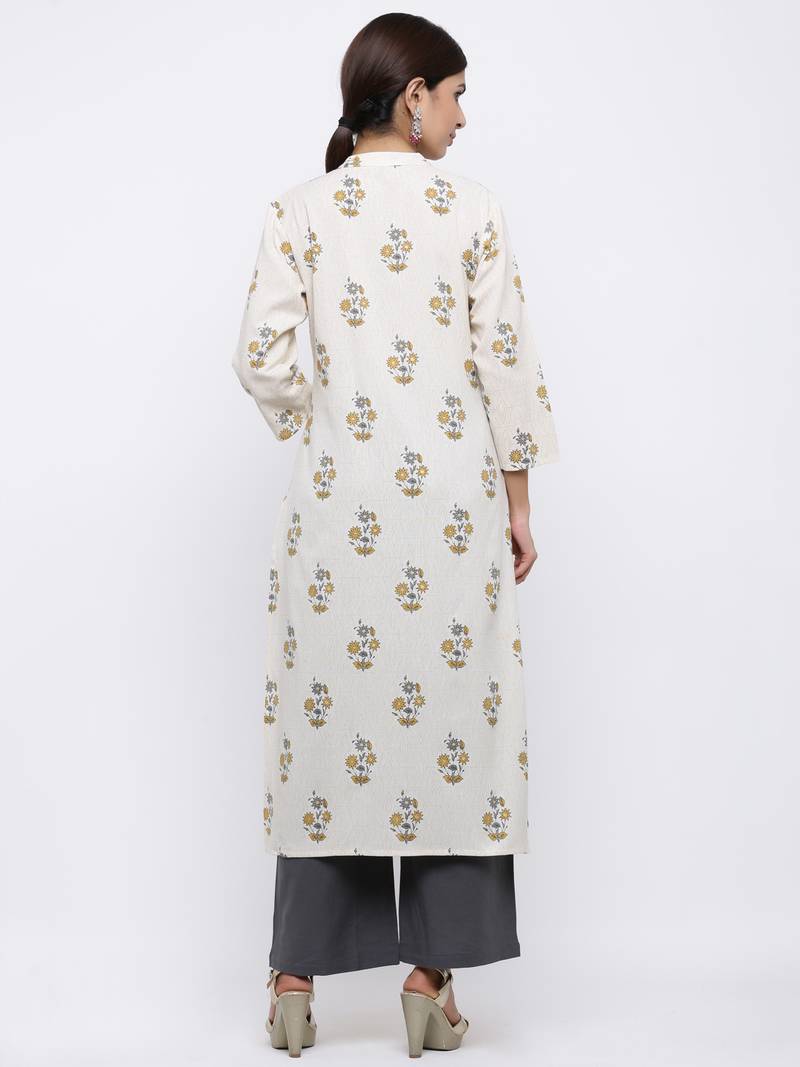 Off White Printed 3/4Th Sleeve Straight Kurta With Striped Regular Fit Palazzo