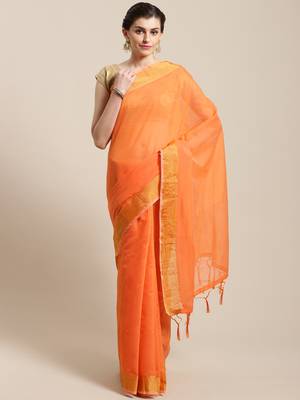 Orange hand woven linen saree with blouse 1