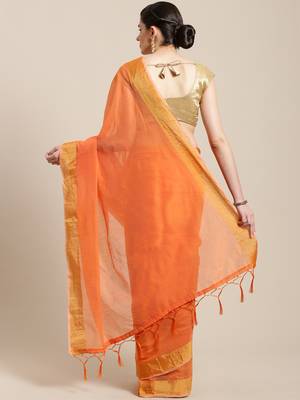 Orange hand woven linen saree with blouse 2
