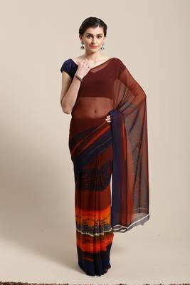 Brown hand woven faux georgette saree with blouse 1
