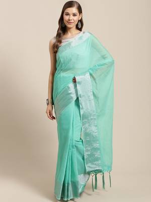 Turquoise hand woven linen saree with blouse 1