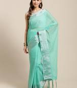 Turquoise hand woven linen saree with blouse