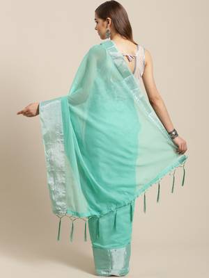 Turquoise hand woven linen saree with blouse 2