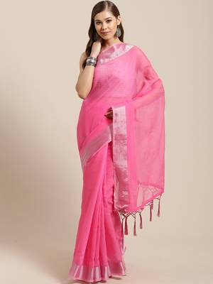 Pink hand woven linen saree with blouse 1