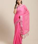 Pink hand woven linen saree with blouse