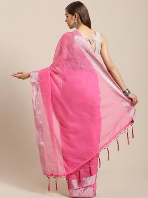 Pink hand woven linen saree with blouse 2