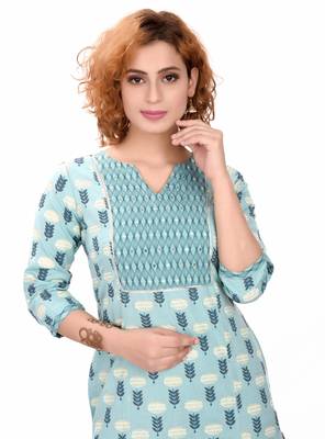 Light blue printed cotton cotton-kurtis 3