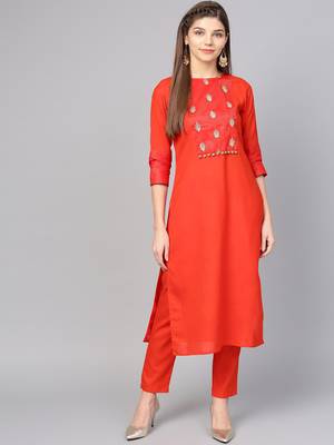 Red printed Tussar stitched kurta sets 1