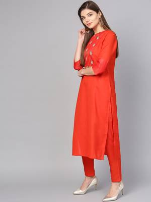 Red printed Tussar stitched kurta sets 2
