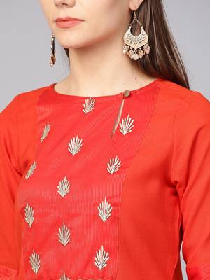 Red printed Tussar stitched kurta sets 4