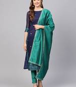 Blue printed Jacquard stitched kurta sets