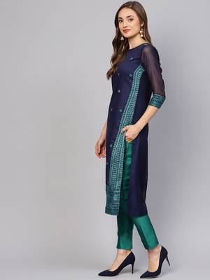 Blue printed Jacquard stitched kurta sets 2