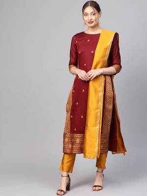 Maroon printed Jacquard stitched kurta sets 1