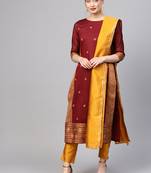 Maroon printed Jacquard stitched kurta sets