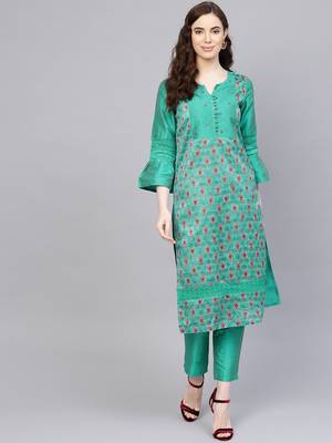 Green printed Chanderi stitched kurta sets 1